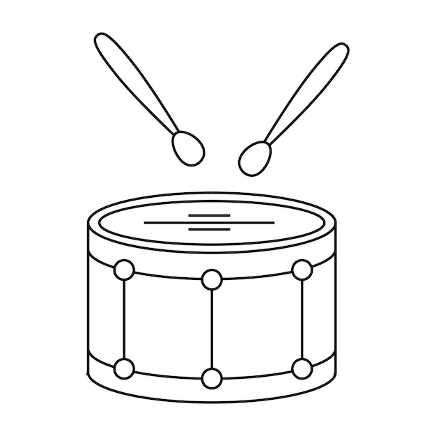 Vettore tamburo con bacchette, strumenti musicali, line art. schizzo, icona, vettore