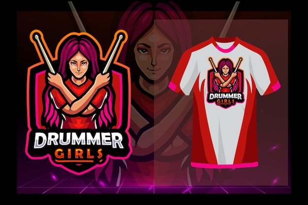 Design del logo esport della mascotte delle ragazze batteriste