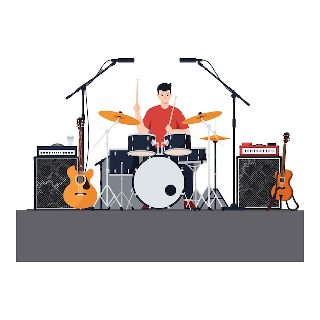 Drummer performing energetically on stage with guitars and amplifiers in background