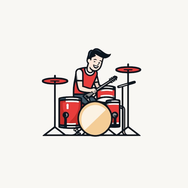 Vettore drummer suonando set di batteria illustrazione vettoriale in stile cartone animato piatto