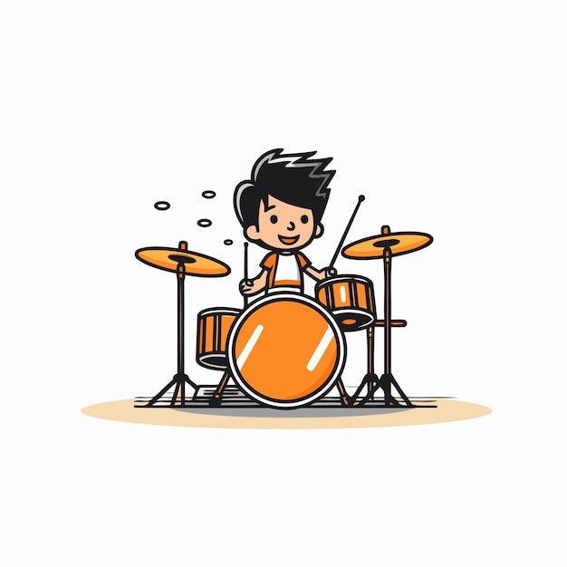 Drummer playing drums Cute cartoon character Vector illustration