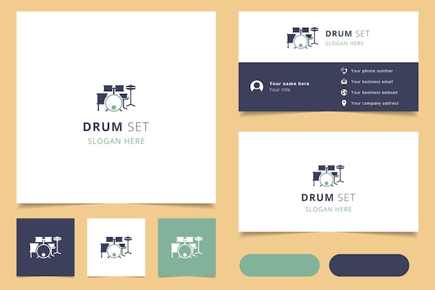 Drumstel logo ontwerp met bewerkbare slogan branding boek en