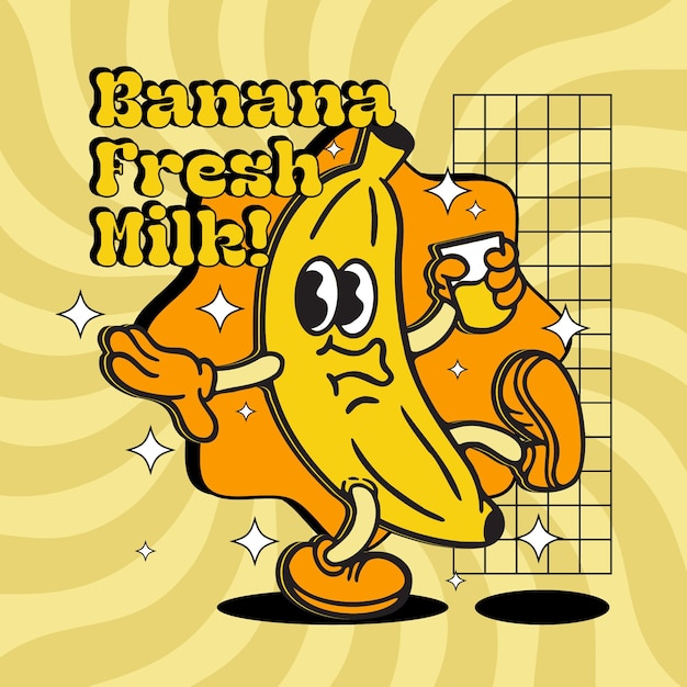 Drunk banana cartoon style groovy illustration