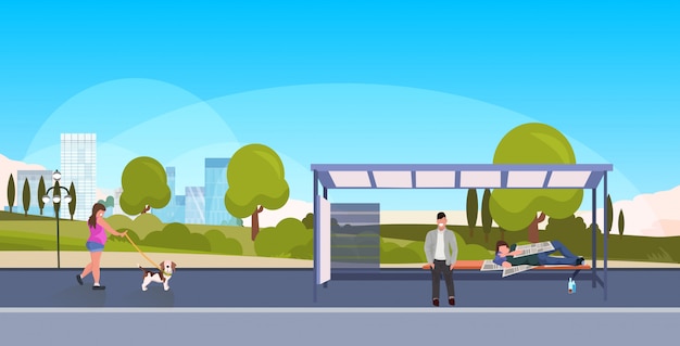 Vector drunk beggar bum sleeping outdoor city bus station homeless concept man passenger waiting public transport girl walking with dog landscape background horizontal full length