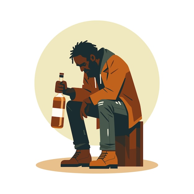 Вектор Пьяный чернокожий бездомный мужчина с бутылкой алкоголя плоская векторная иллюстрация дизайна