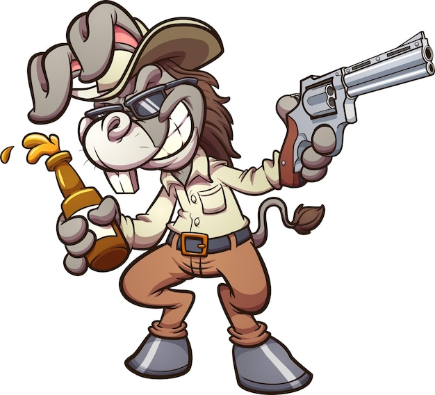 Vector drunk cartoon cowboy donkey holding a beer and a gun