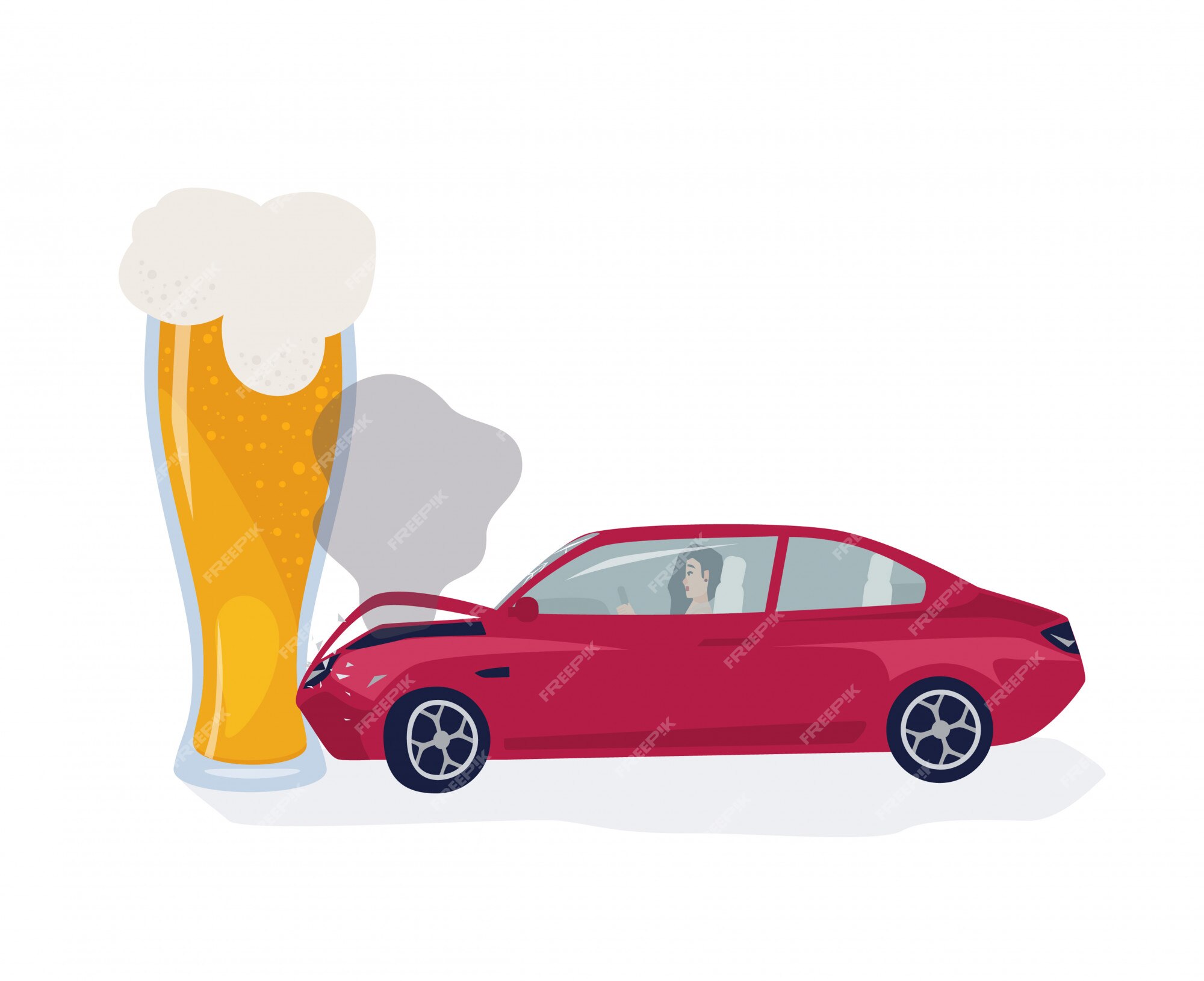 Beer lifting a car crash with road signs. This illustration