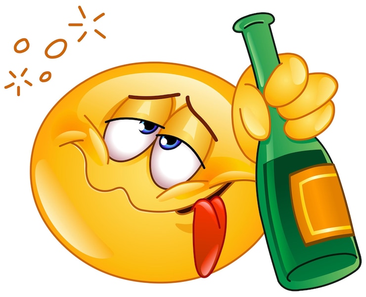 Vector drunk emoji emoticon holding a bottle of champagne