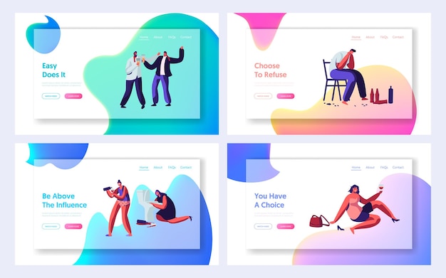 Drunk men and women website landing page set, alcohol addiction people. male and female characters have pernicious habits and substance abuse, web page. cartoon flat vector illustration