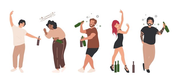 Vector drunk people set, men and women with alcohol, wine bottles in their hands, walking tipsy screwed