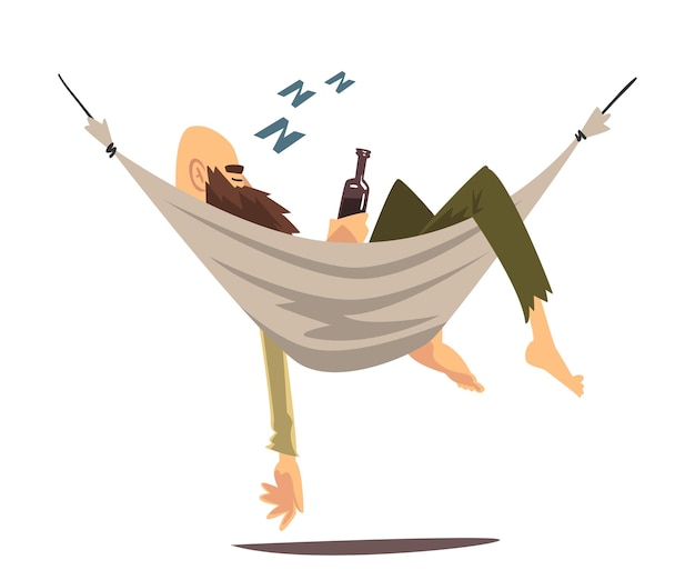 Vector drunk pirate sleeping in a hammock with a bottle of rum vector illustration