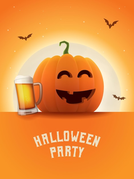 Vector drunk pumpkin with beer mug halloween party poster shining moon orange background