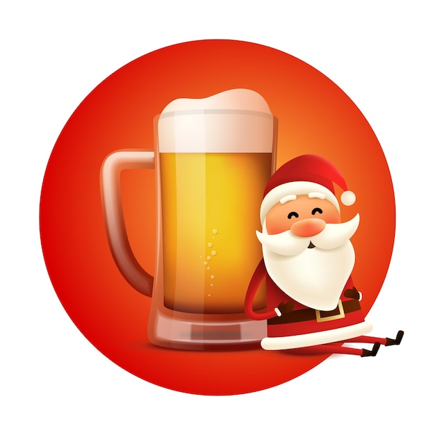 Vector drunk santa sleeping leaning against big craft beer mug vector sticker with christmas character