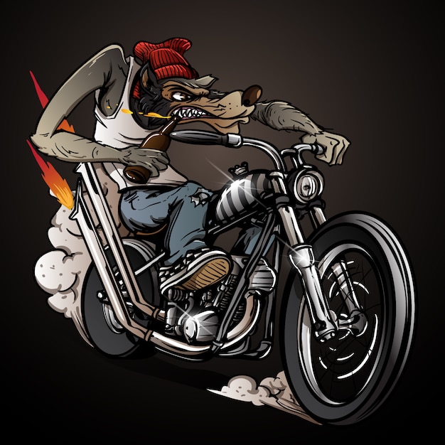 Drunken wolf riding a classic chopper bike