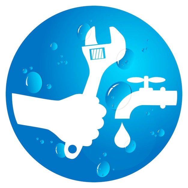 Druppel water en moersleutel in de hand Reparatie en onderhoud van sanitaire verwarming