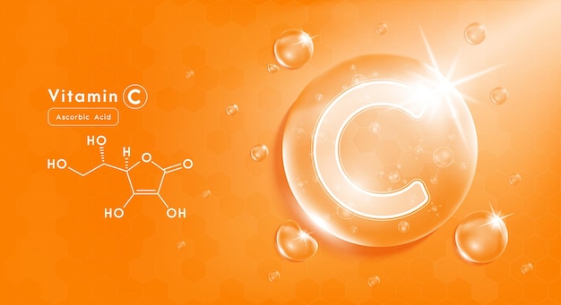 Druppel water vitamine C sinaasappel en structuur Vitaminecomplex met Chemische formule uit de natuur