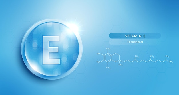 Druppel water vitamine E blauw en structuur vitamine oplossing complex met chemische formule uit de natuur schoonheid behandeling voeding huidverzorging ontwerp medische en wetenschappelijke concepten voor cosmetische vector