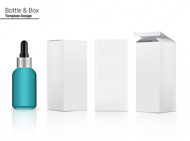 Druppelfles Realistische cosmetica en 3-vaks zijde voor huidverzorging Essentiële koopwaar of medicijnillustratie. Gezondheidszorg, medisch en wetenschappelijk conceptontwerp.
