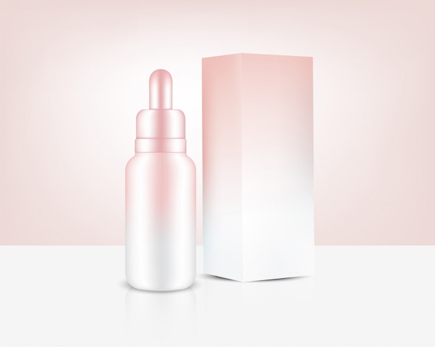 Vector druppelfles realistische rose gold parfumolie cosmetica en doos voor huidverzorgingsproduct achtergrondillustratie. gezondheidszorg en medische conceptontwerp.