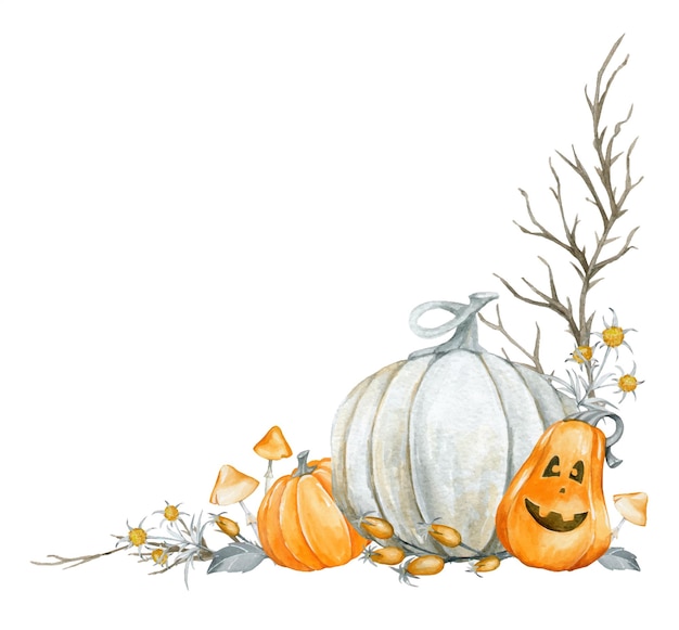 Dry branches pumpkins mushrooms prickly flowers rose hips Watercolor clipart on an isolated background for the Halloween holiday