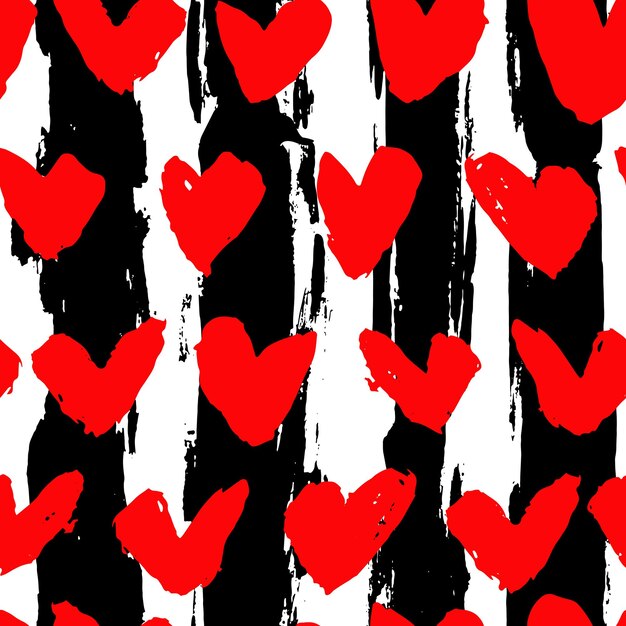 Dry brush strokes and hearts seamless pattern hand drawn artwork abstract vector background