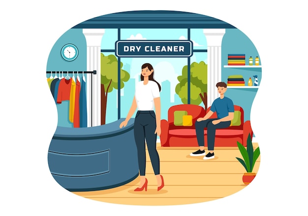 Vector dry cleaning store service vector illustration with washing machines dryers and laundry