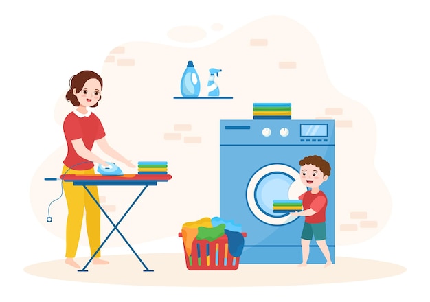 Dry Cleaning Store Service with Washing Machines and Laundry for Clean Clothing in Flat Illustration