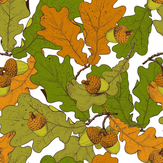 乾燥したオークの葉とドングリ。手描きのシームレスなパターン。秋のコレクション。ベクトルイラスト