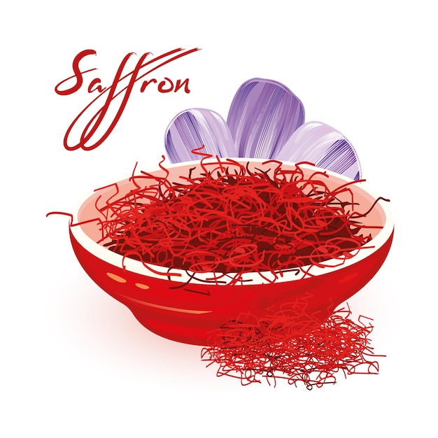 Dry red Saffron is in ceramic bowl near violet flower Crocus