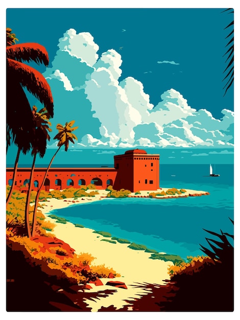 Vector dry tortugas national park vintage travel poster souvenir postcard portrait painting illustration