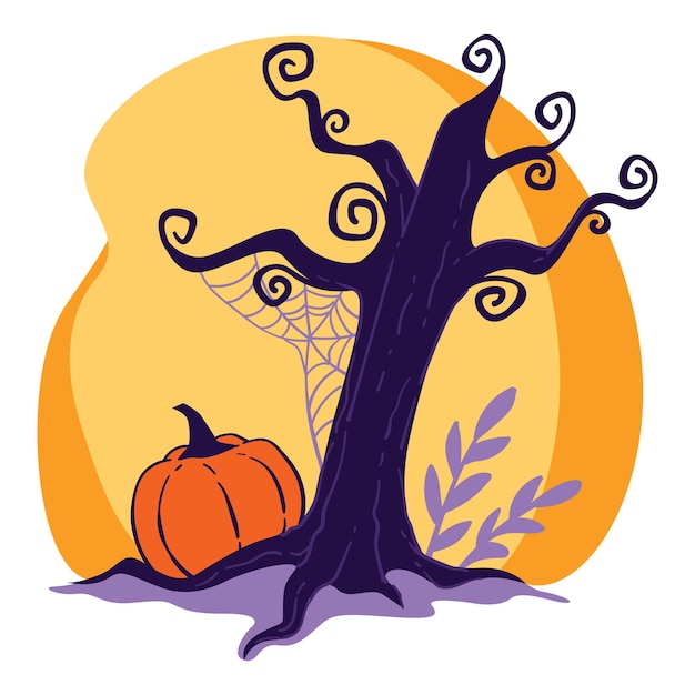 Vector dry tree with spider web and plant foliage, pumpkin on ground. frightening landscape of nature in evening or night. creepy october day, seasonal halloween holiday celebration, vector in flat