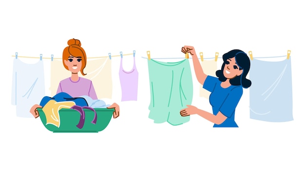 Dry woman hanging clothes vector