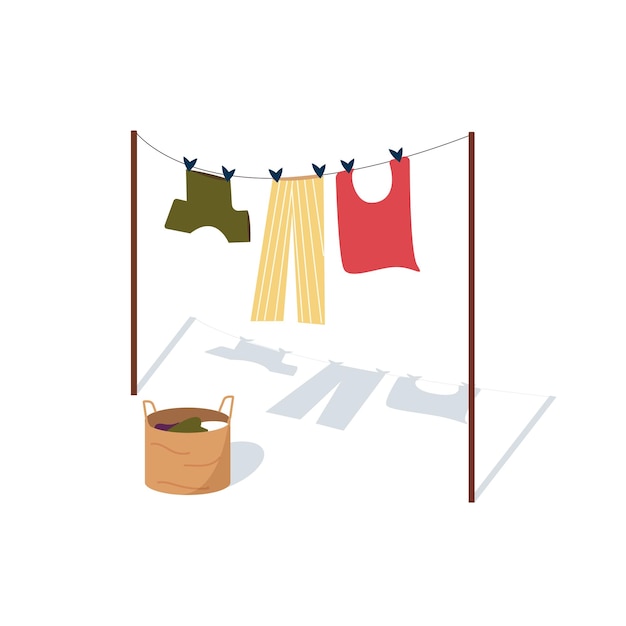 Vector drying clothes. clothes hanging from a rope with a hard shadow.