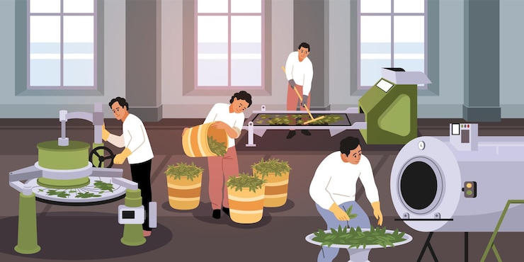 Vector drying tea process people work for traditional drink industry dried sorted fermented green leaves in industrial equipment indian product cartoon flat isolated tidy vector concept