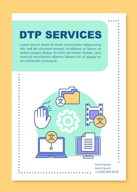 Layout del modello di brochure dei servizi dtp. modifica della copia, traduzione. volantino, opuscolo, stampa di volantini con illustrazioni lineari. layout di pagina vettoriale per riviste, relazioni annuali, manifesti pubblicitari