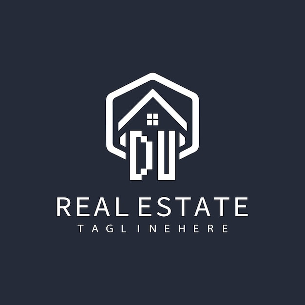 DU initial monogram logo for real estate with home shape creative design