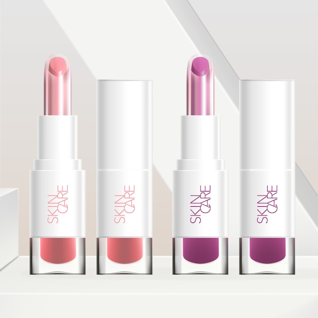 Dual Layers Core Lipstick met witte buis en transparante basisverpakking. Minimale geometrische witte achtergrond.