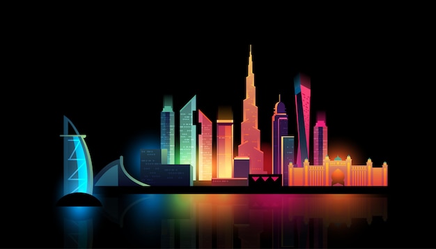 Dubai City-nachthorizon met kleurrijke lichten