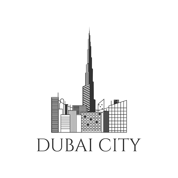 하이 타워 빌딩 랜드마크가 있는 두바이 시티 스카이라인 격리된 선 스타일