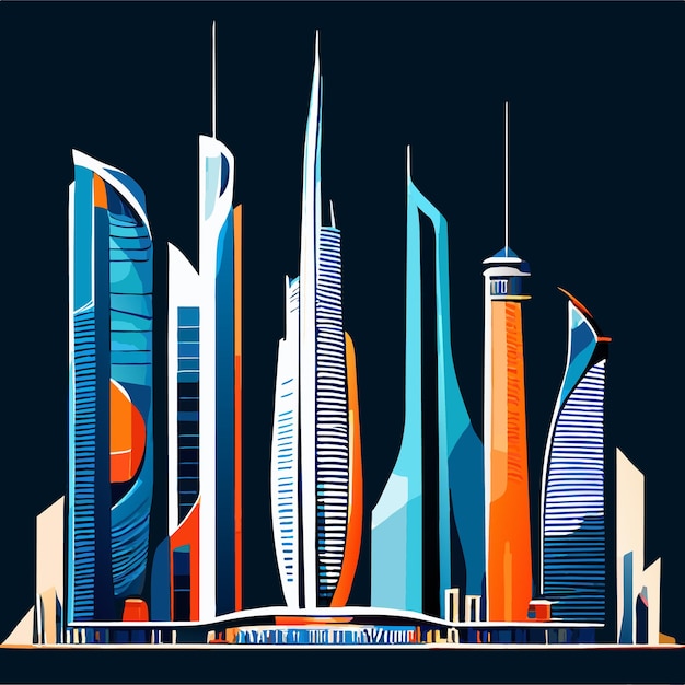 Dubai city skyscrapers flat cartoon style illustration