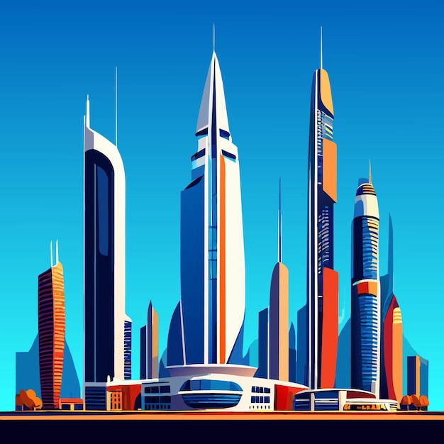 Dubai city skyscrapers flat cartoon style illustration