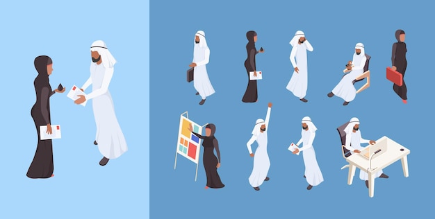 Dubai man saudi woman business people arabian entrepreneur characters illustrations