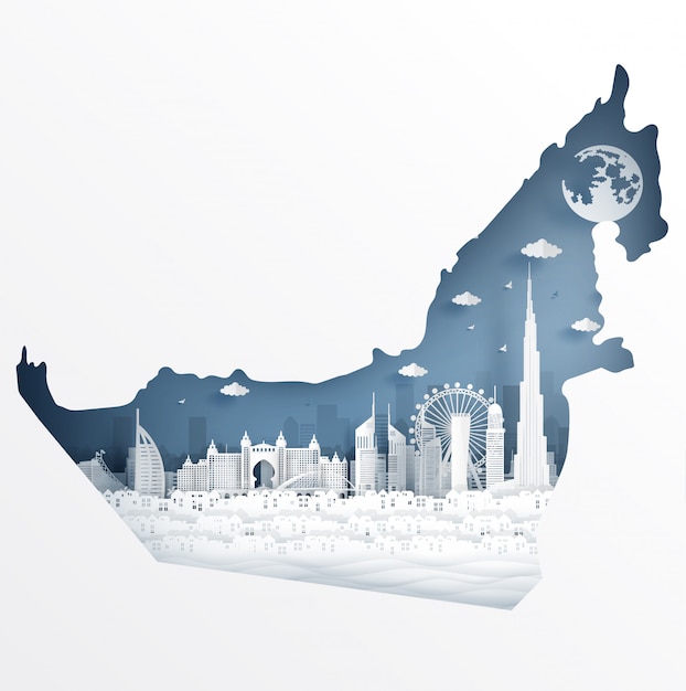 Концепция карты Дубая с известной достопримечательностью для туристической открытки и плаката