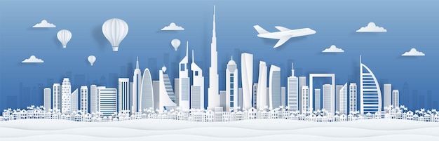 Dubai paper cut. uae skyline city panorama with famous landmarks for postcards and poster