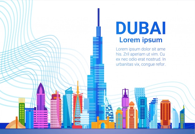 Vector dubai skyline panorama, modern gebouw cityscape zakenreizen en toerisme concept