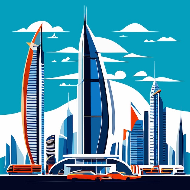 Dubai stad wolkenkrabbers plat cartoon stijl illustratie