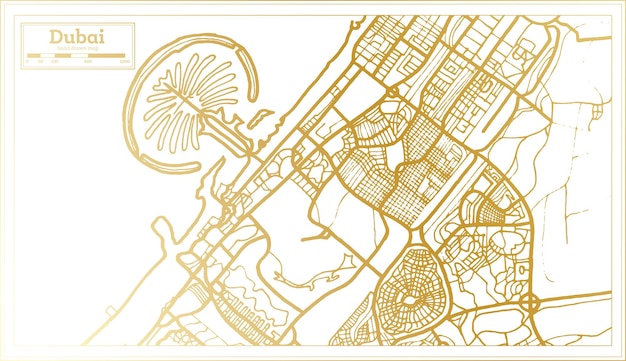 黄金色の白地図でレトロなスタイルのドバイアラブ首長国連邦の都市地図