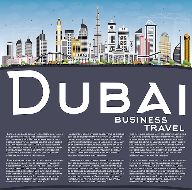 Dubai uae skyline met grijze gebouwen, blauwe lucht en kopie ruimte. vectorillustratie. zakelijke reizen en toerisme illustratie met moderne architectuur.