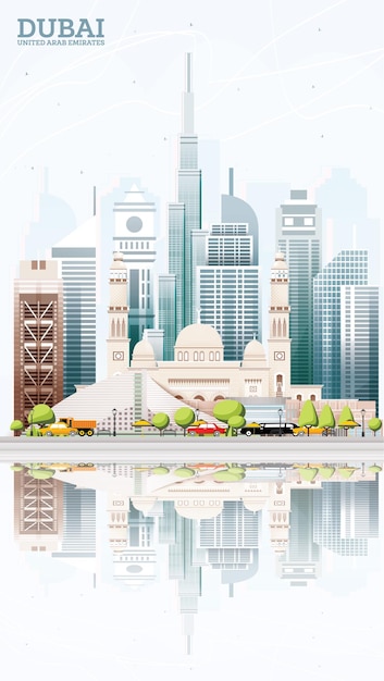 Dubai Verenigde Arabische Emiraten VAE City Skyline met gekleurde gebouwen, blauwe lucht en reflecties