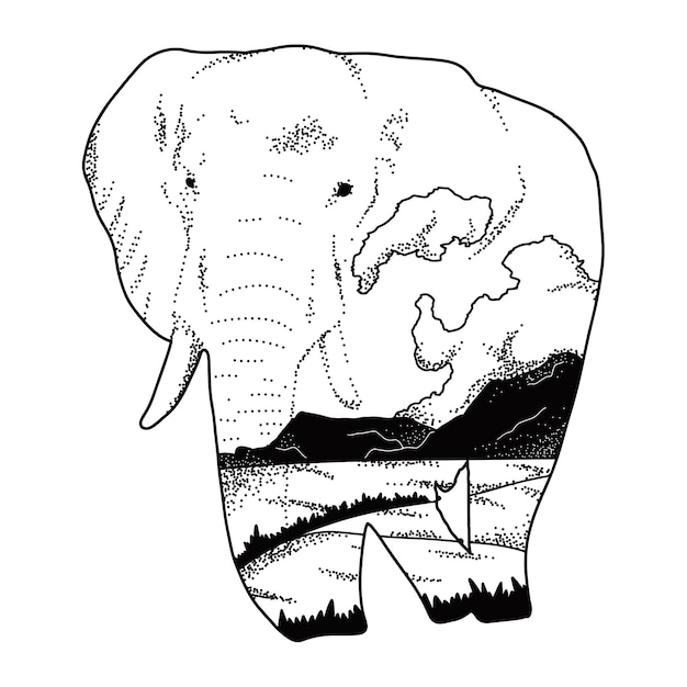 Dubbele belichting hand getekende dierenillustratie in zwart-wit stijl - Elephant
